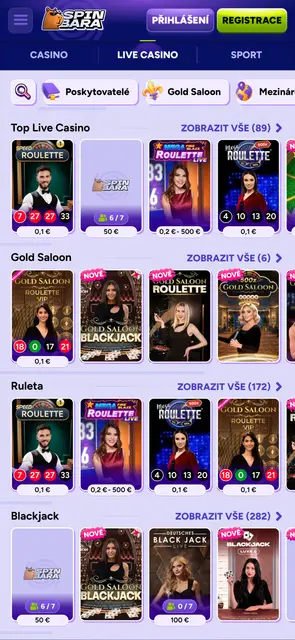 Živé casino se stoly Gold Saloon, ruletou a blackjackem v mobilní verzi Spinbara